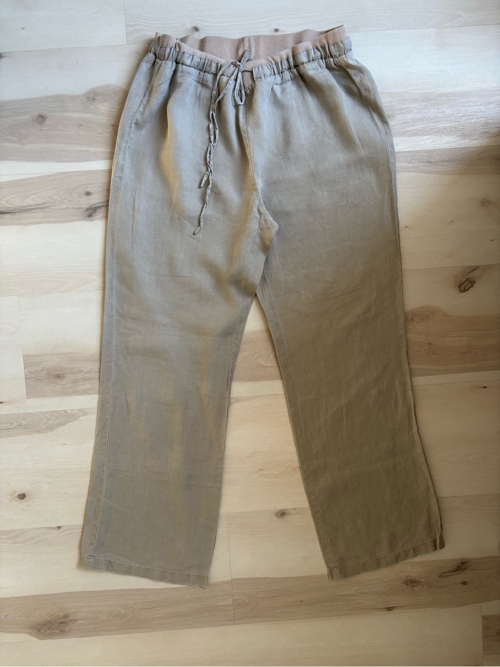Ellen Tracy Beige Drawstring Straight-Leg Linen Pants